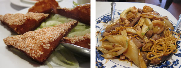 Yang Chow shrimp toast and fried noodles with beef