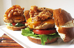 Turkey Bacon Burger with Onion Strings | www.EatLaughPurr.com