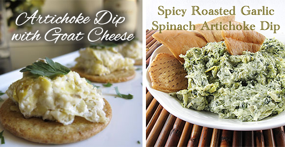 Artichoke Dip with Goat Cheese and Spicy Roasted Garlic Spinach Artichoke Dip