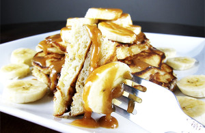 Banana Bread Pancakes with Peanut Butter Syrup