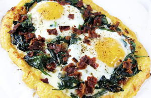 Polenta Pizza with eggs, spinach and bacon