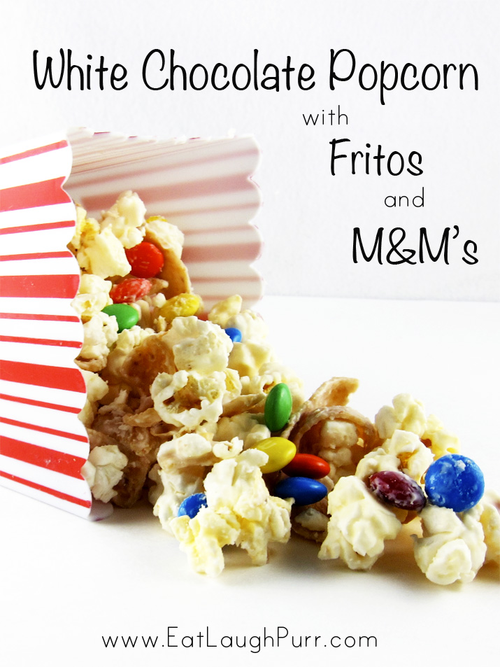 White Chocolate Popcorn with Fritos and M&Ms | www.EatLaughPurr.com #Popcorn #Fritos #M&Ms