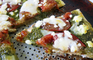 Pesto Pizza with Heirloom Tomatoes, Goat Cheese and Mozzarella