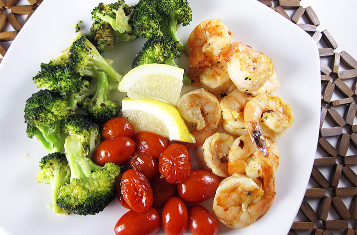 Roasted Shrimp, Tomatoes and Broccoli: A low-carb, good-for-you meal that you can assemble and bake within 30 minutes.
